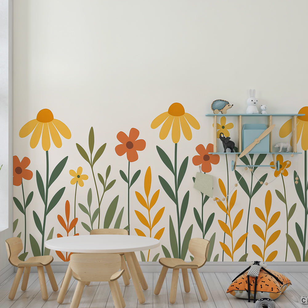 Vibrant flower wallpaper transforming kids playroom with yellow and orange blooms