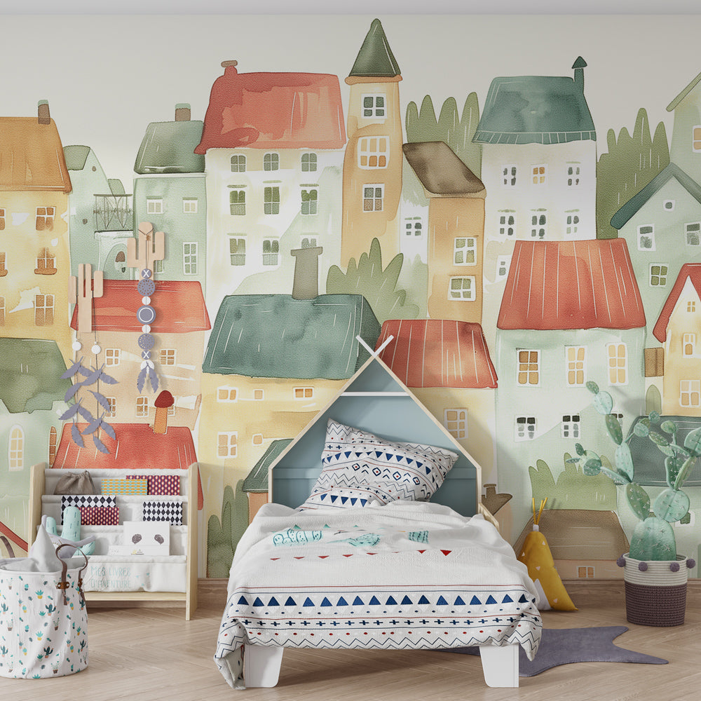 Multicolored watercolor village wallpaper transforming children's bedroom into artistic space