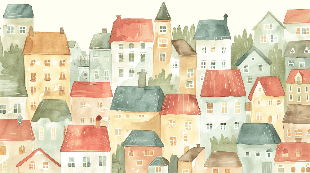 Detailed watercolor houses mural wallpaper design pattern showing artistic village scene by Kids-Mundo