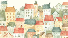 Detailed watercolor houses mural wallpaper design pattern showing artistic village scene by Kids-Mundo