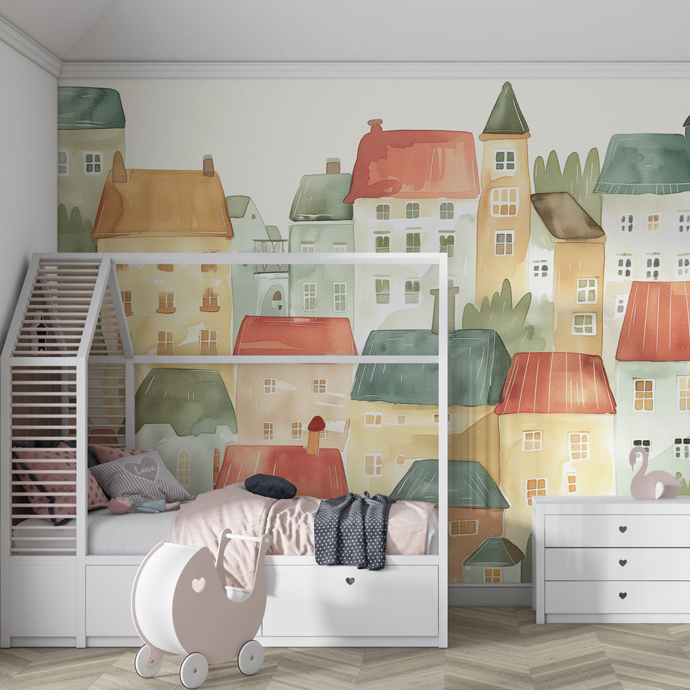 Aquarelle houses wallpaper creating dreamy atmosphere in kids playroom with soft multicolored palette