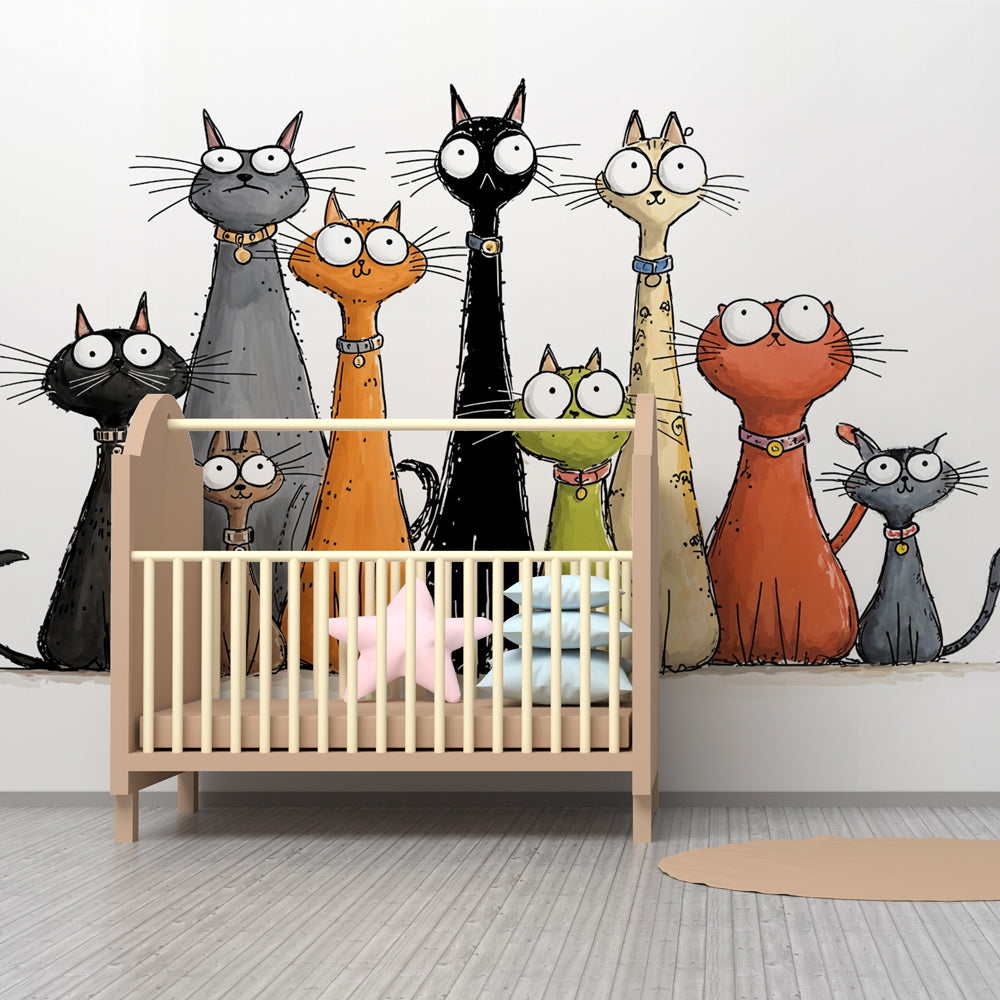 Playful cat wallpaper creating cheerful atmosphere in children's bedroom decor