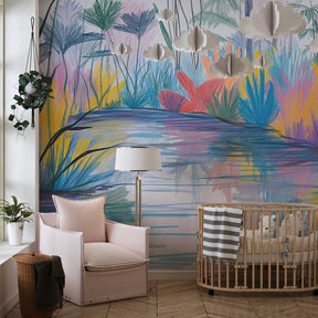 Vibrant nature river wallpaper creating magical kids bedroom atmosphere with wooden furniture
