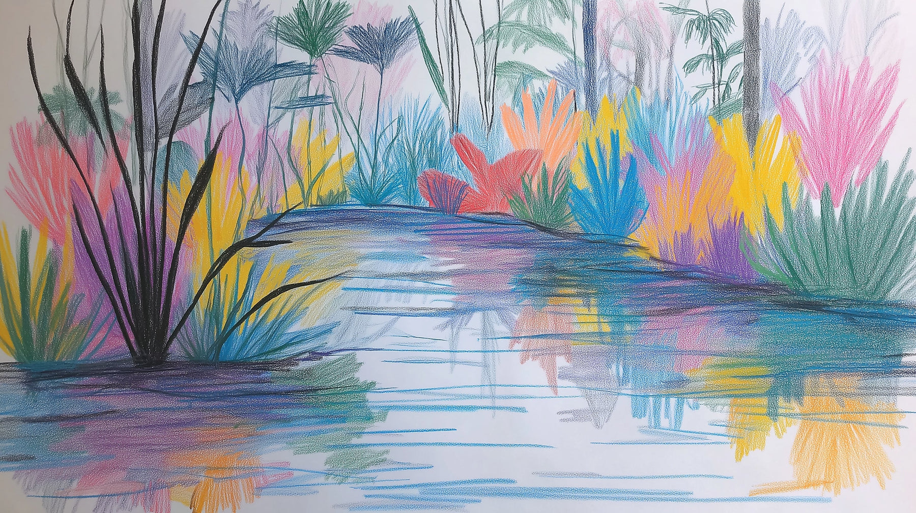 Detailed colorful river mural wallpaper design pattern showing vibrant vegetation and water reflections by Kids-Mundo