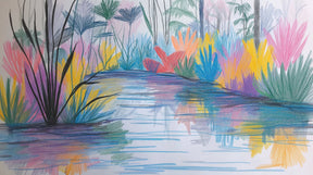 Detailed colorful river mural wallpaper design pattern showing vibrant vegetation and water reflections by Kids-Mundo