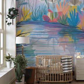 River landscape mural wallpaper transforming children's playroom with bright nature colors