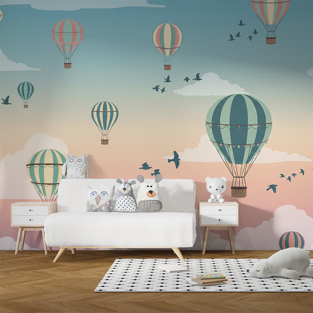Kids-Mundo balloons and birds wall mural styled in a cheerful kids' bedroom.