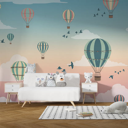 Kids-Mundo balloons and birds wall mural styled in a cheerful kids' bedroom.