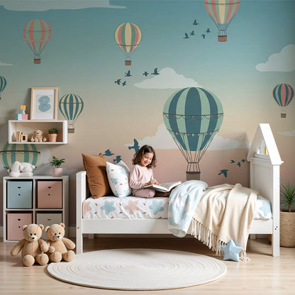 Kids-Mundo colourful hot air balloons wall mural, made to measure for a bright nursery.