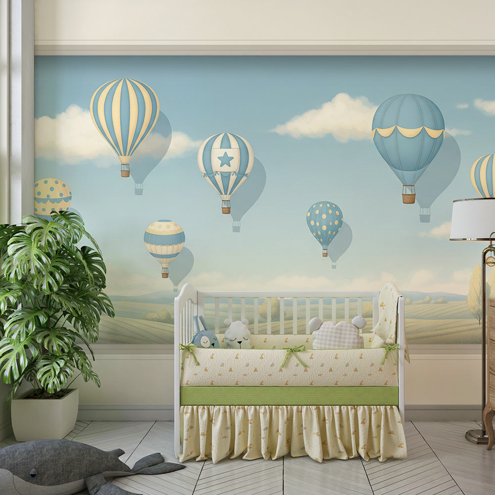 Kids-Mundo hot air balloon countryside mural covering a feature wall in a kids' bedroom