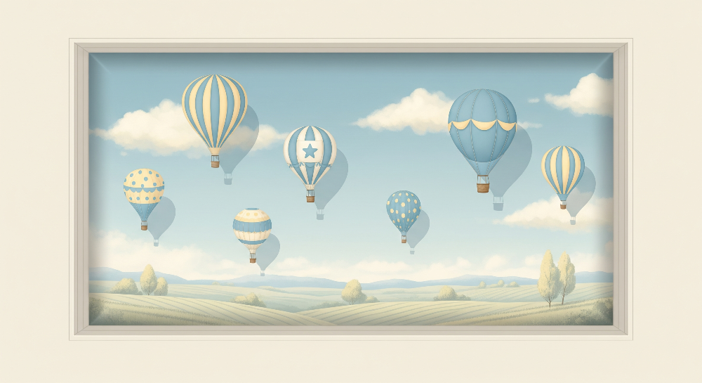 Colourful Hot Air Balloons Over Countryside Wall Mural