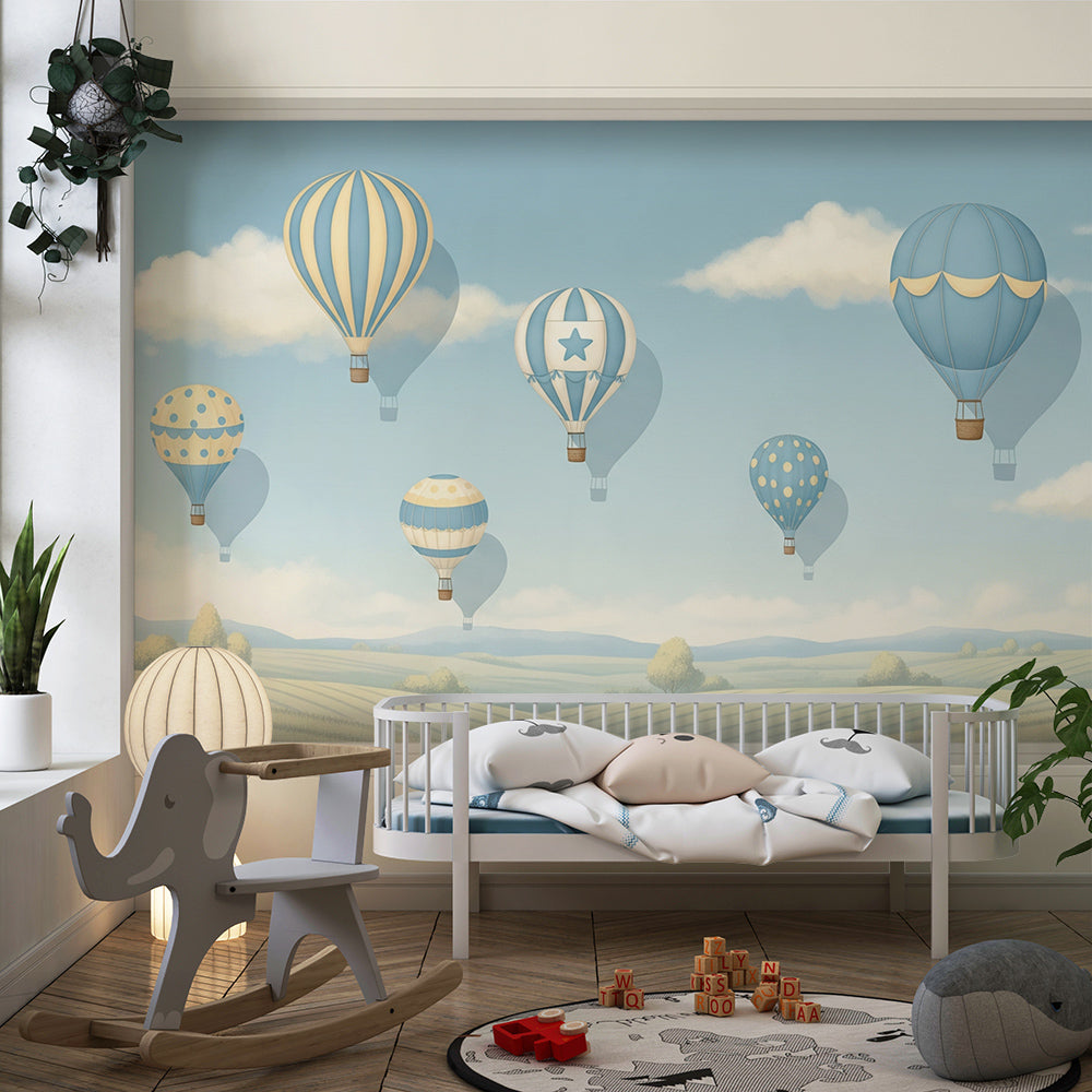 Kids-Mundo colourful hot air balloon wall mural brightening a lively children's playroom wall