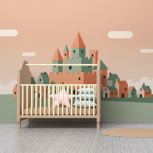 Kids-Mundo castle village wall mural with cottage rooftops styled on a kids bedroom wall