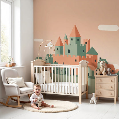 Kids-Mundo colourful castle village wall mural made to measure for a baby nursery wall