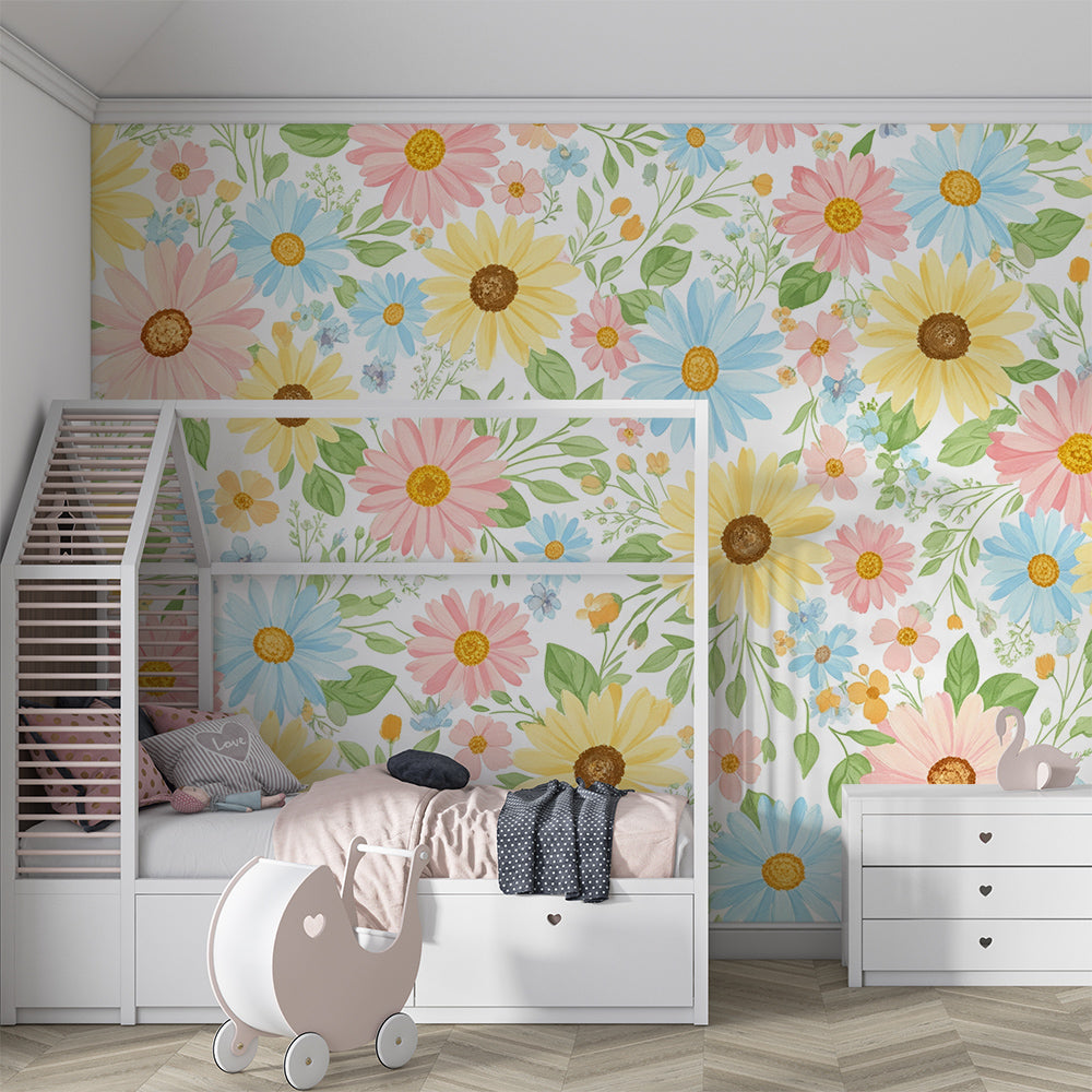 Pink, yellow and blue daisy wall mural by Kids-Mundo on a feature wall in a girl's bedroom