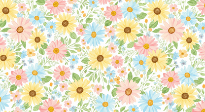 Flat artwork of the Kids-Mundo daisy floral wall mural pattern in pink, yellow and blue