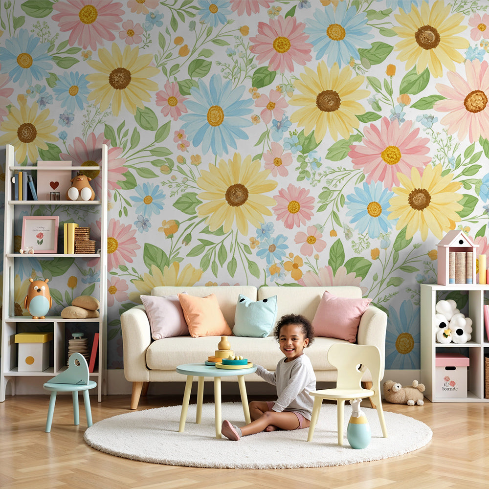 Kids-Mundo colourful daisy floral wall mural styled in a bright, sunny nursery with a cot
