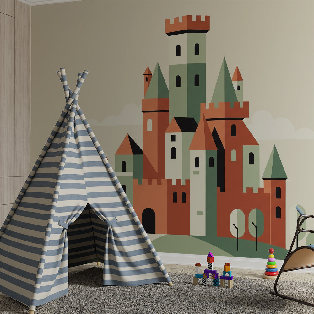 Kids-Mundo colourful castle wall mural adding character to a busy family playroom.