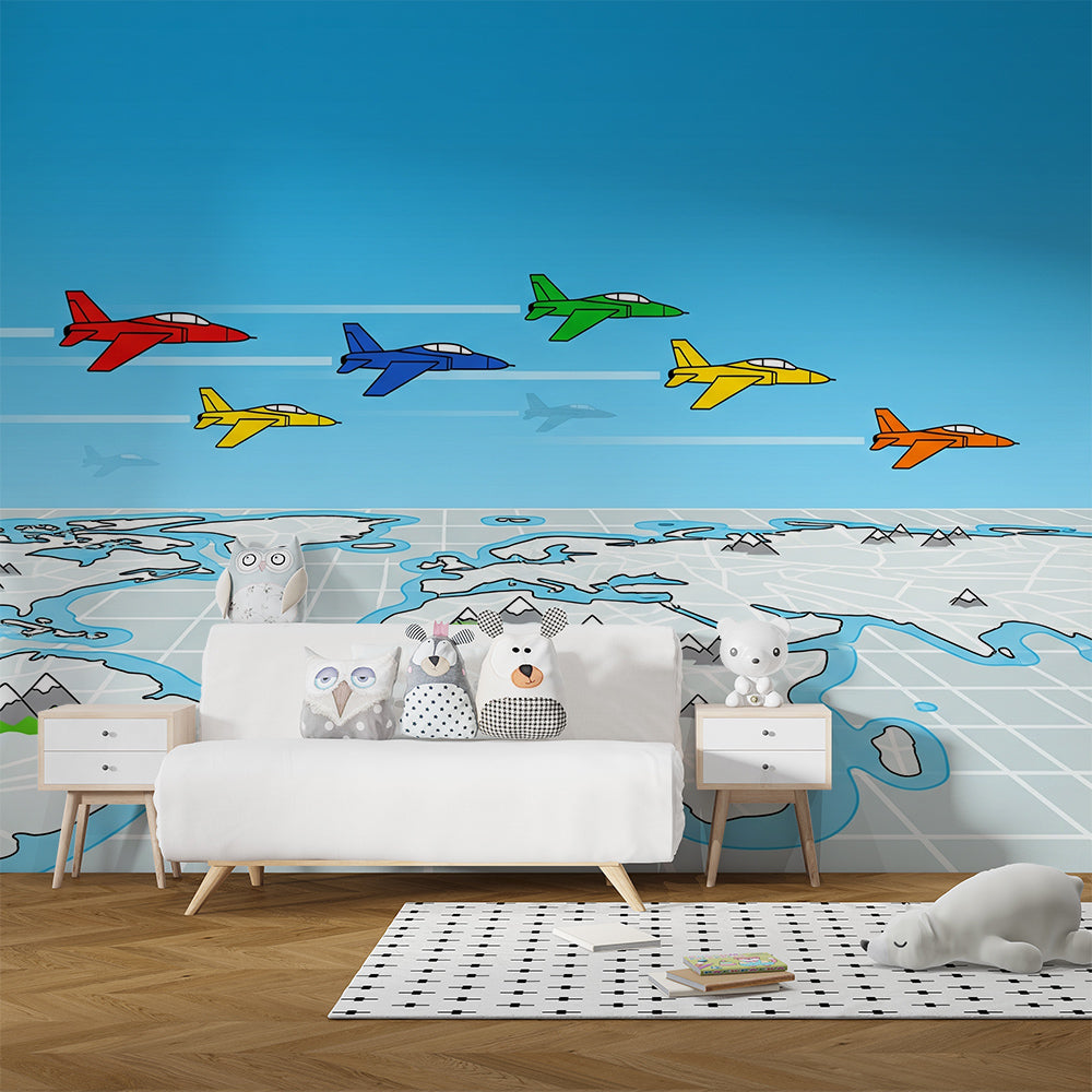 Kids-Mundo jet planes and world map wall mural on a feature wall in a kids bedroom
