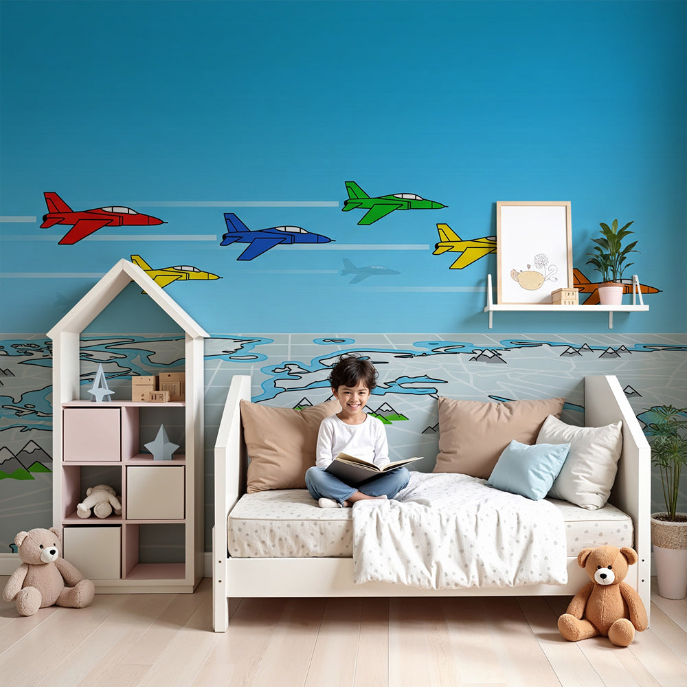 Kids-Mundo colourful jet planes world map wall mural styled in a bright nursery room