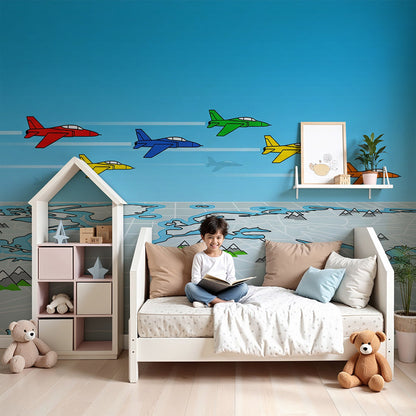 Kids-Mundo colourful jet planes world map wall mural styled in a bright nursery room
