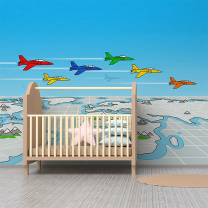 Kids-Mundo world map wall mural with colourful jets brightening a fun children's playroom