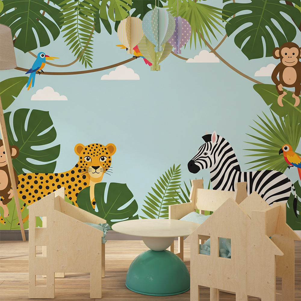 Kids-Mundo jungle safari wall mural with parrots and leopard styled in a kids bedroom