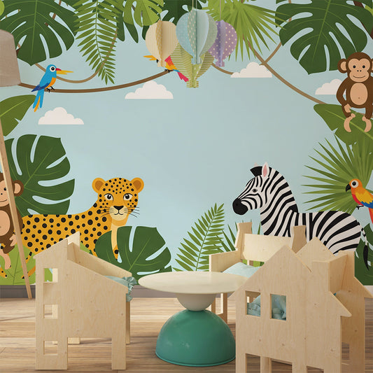 Kids-Mundo jungle safari wall mural with parrots and leopard styled in a kids bedroom