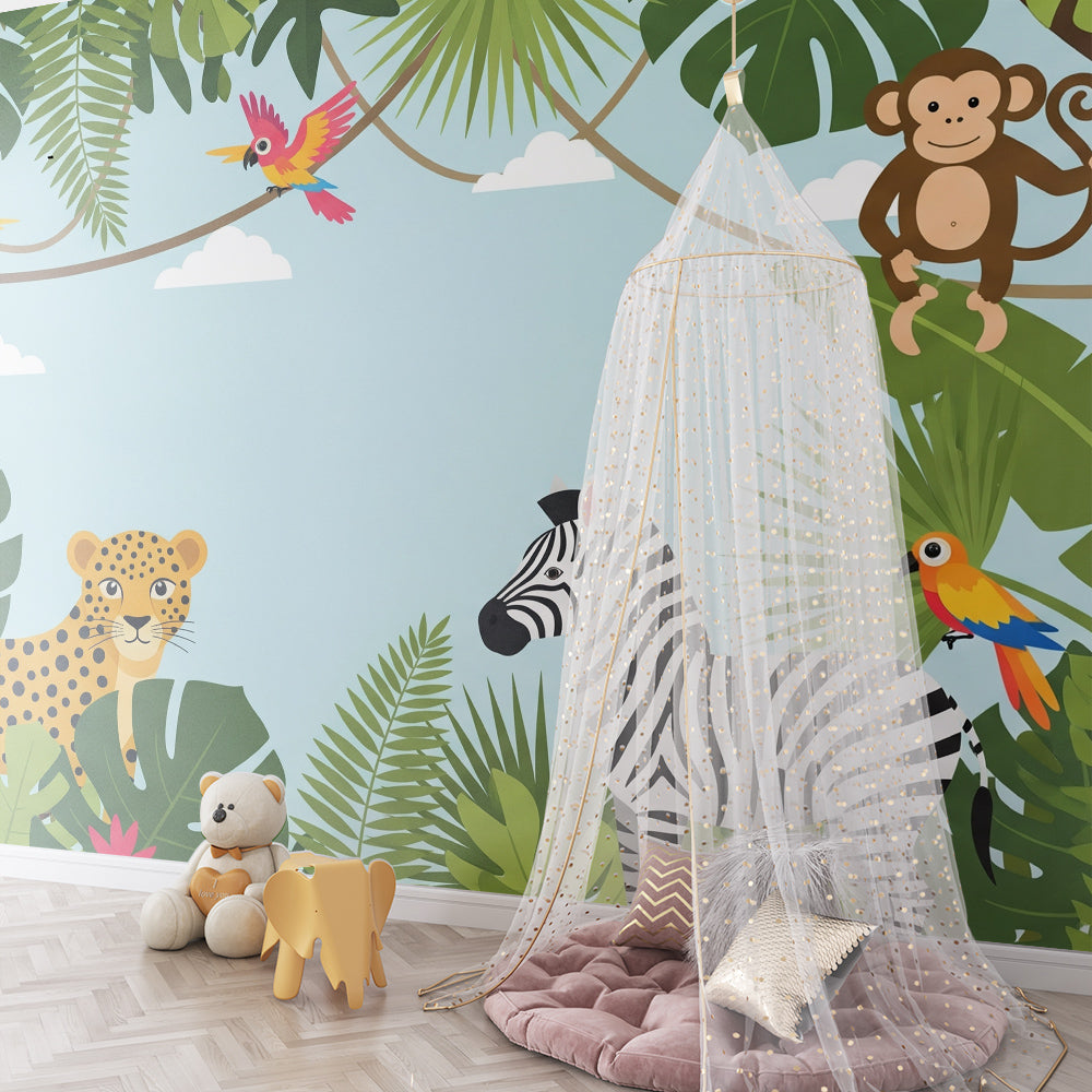 Kids-Mundo colourful jungle wall mural with monkeys and zebra shown in a playroom