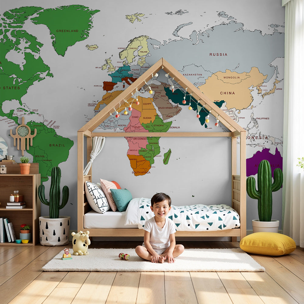 Kids-Mundo colourful political world map wall mural in a soft, modern nursery