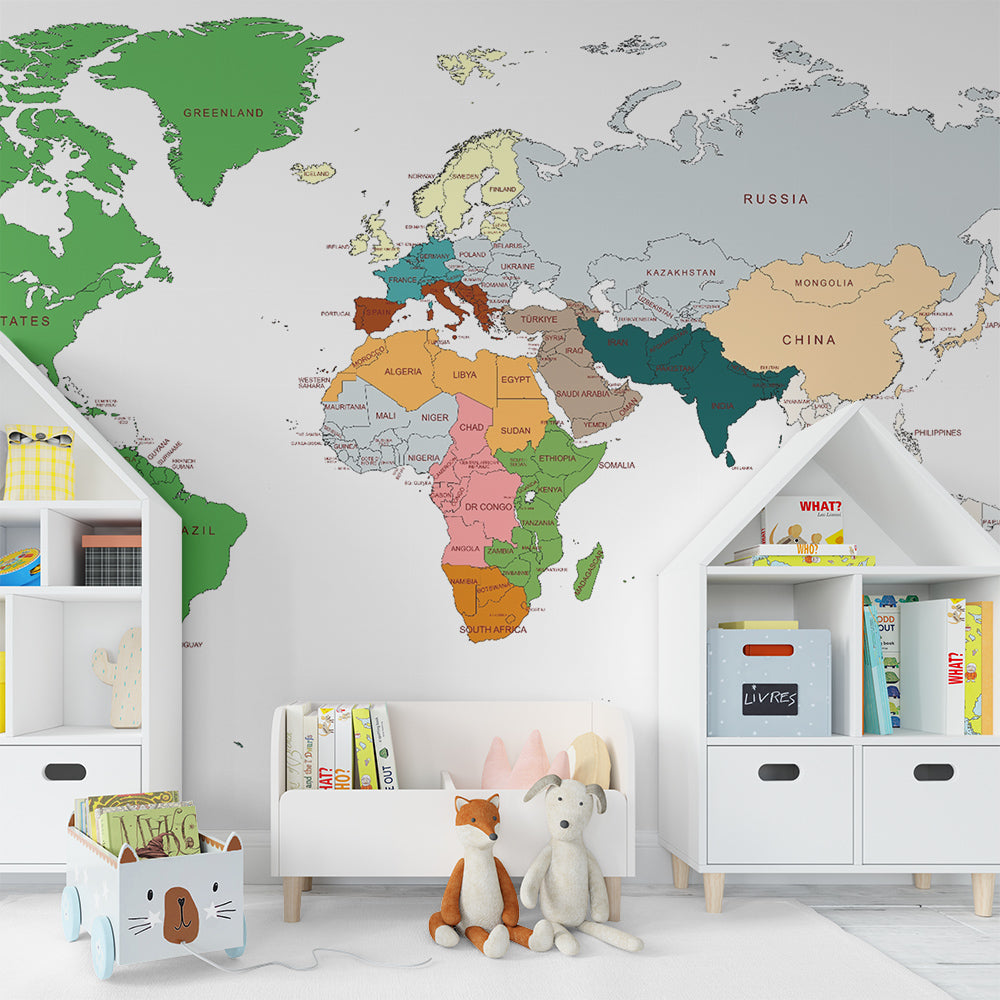 Kids-Mundo colourful world map wallpaper brightening a children's playroom wall