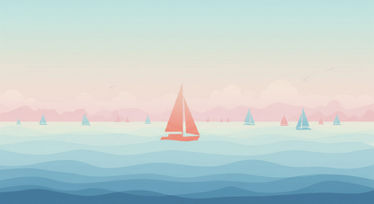 Kids-Mundo flat artwork of colourful sailboats on a calm pastel sea, ready for made-to-measure wall murals.