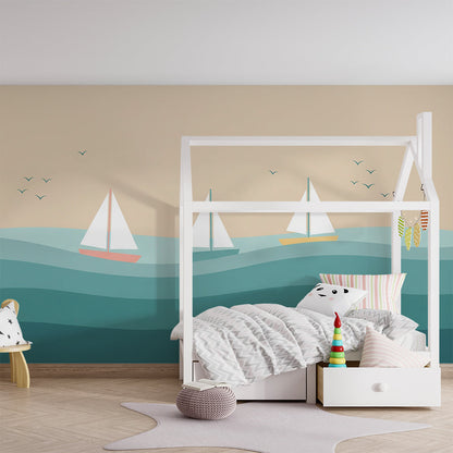 Kids-Mundo sailboat wall mural brightening a playroom wall with colourful boats and birds