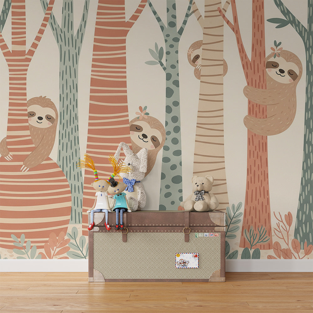 Kids-Mundo sloths in the trees mural covering a feature wall in a kids bedroom