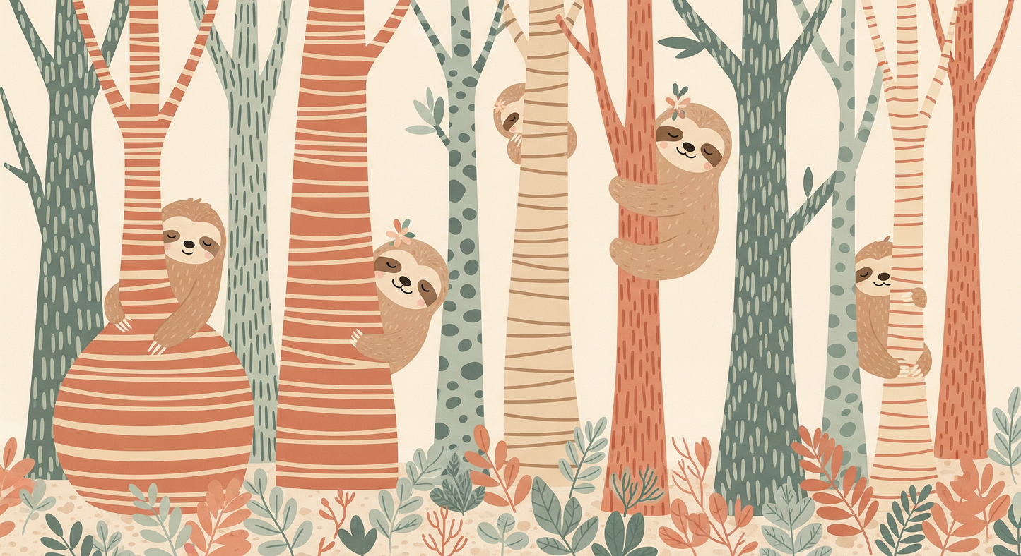 Kids-Mundo flat artwork of cheerful sloths climbing a row of colourful patterned trees