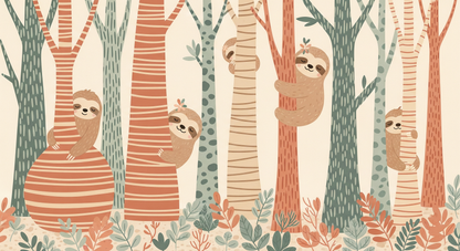 Kids-Mundo flat artwork of cheerful sloths climbing a row of colourful patterned trees