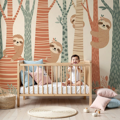 Kids-Mundo colourful sloth wall mural styled above a cot in a warm, cosy nursery
