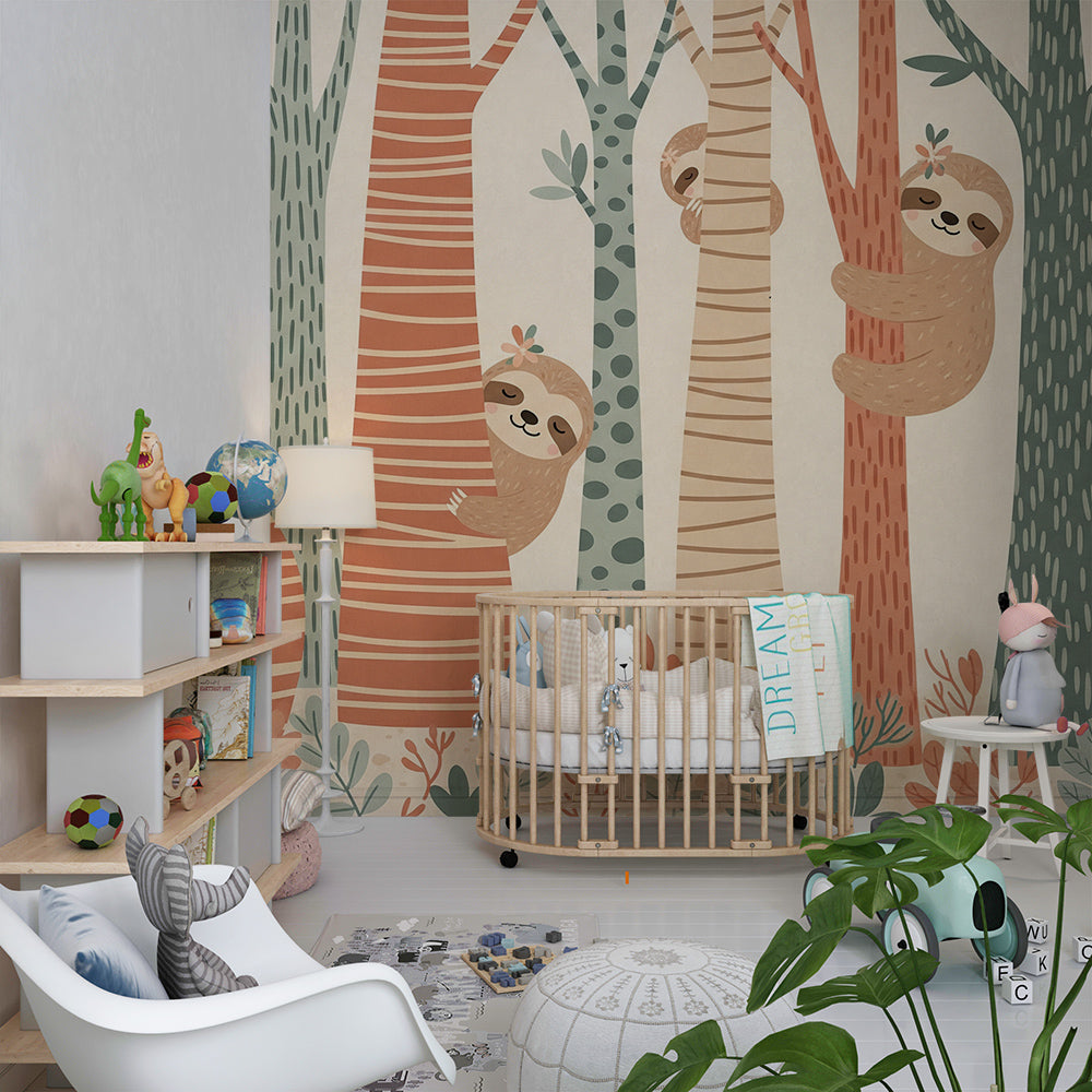 Kids-Mundo playful sloth wall mural set above toy shelving in a children's playroom