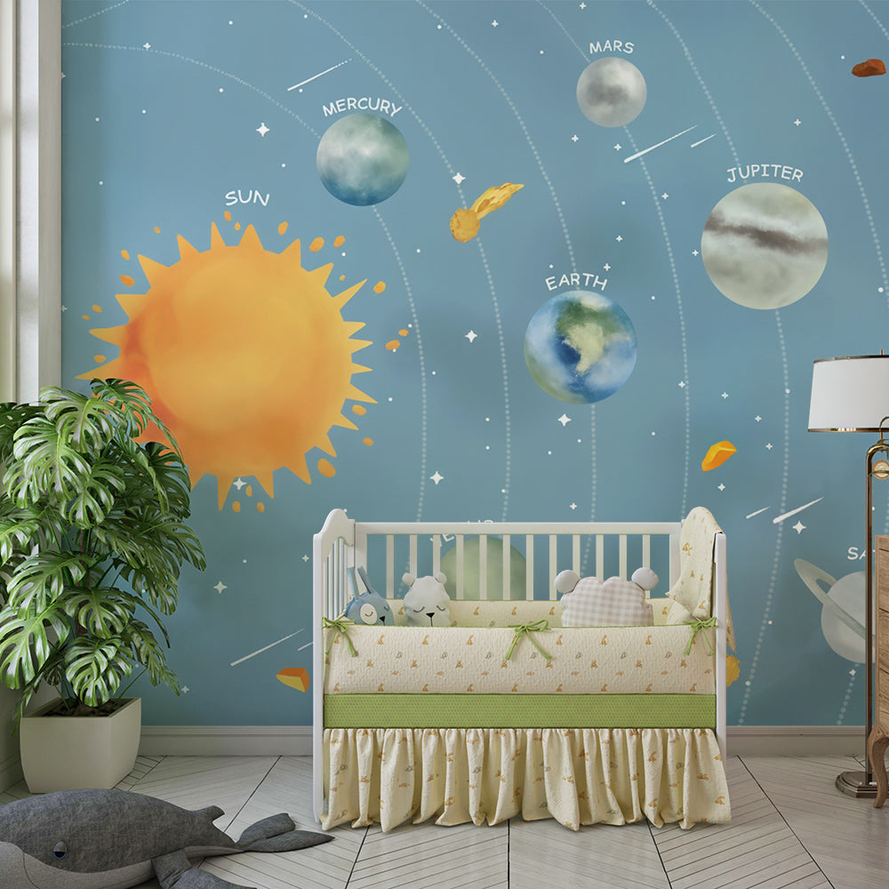 Kids-Mundo labelled solar system wall mural covering a feature wall in a kids' bedroom
