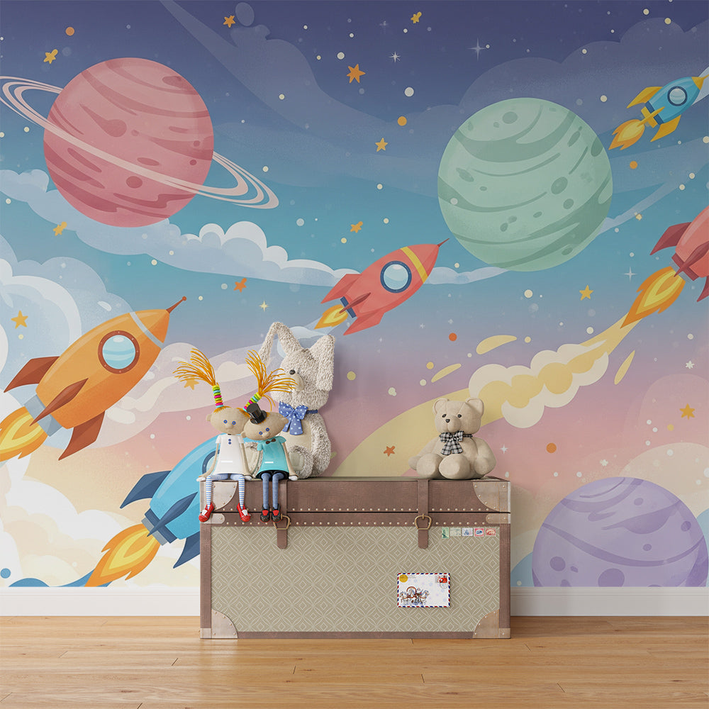 Kids-Mundo space rocket mural styled above a bed in an adventurous kids bedroom