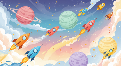 Kids-Mundo flat artwork preview of the colourful rockets and planets space wall mural