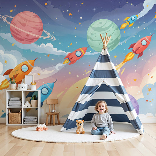 Kids-Mundo colourful rockets and planets space wall mural made to measure for a nursery