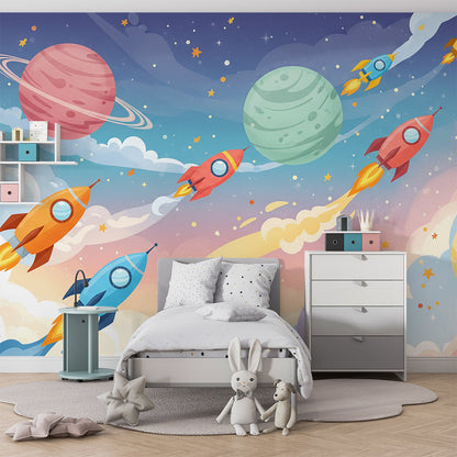 Kids-Mundo rockets and planets wallpaper mural bringing space adventure to a playroom