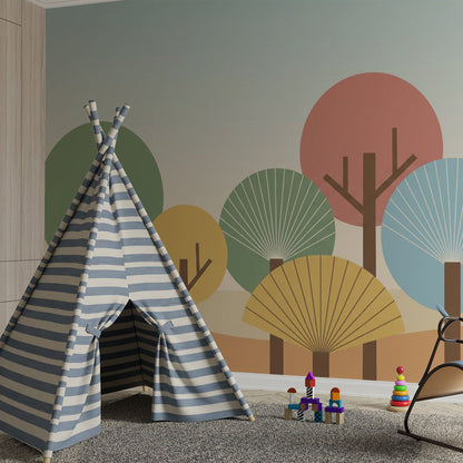 Kids-Mundo multicolour tree wall mural setting a cheerful scene in a busy family playroom.
