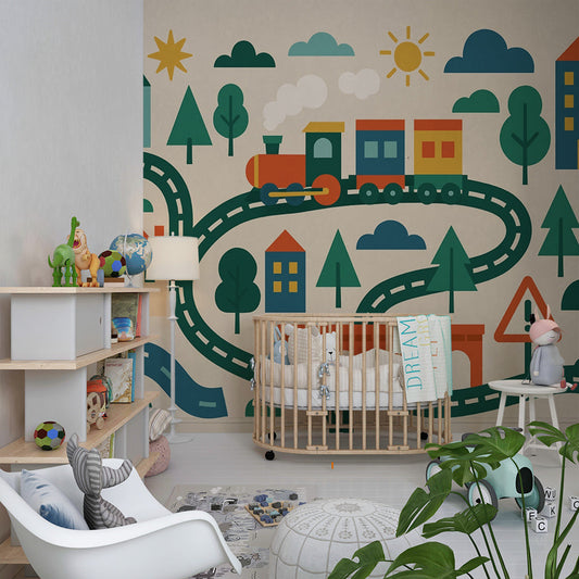 Kids-Mundo storybook town train wall mural forming a feature wall in a kids bedroom