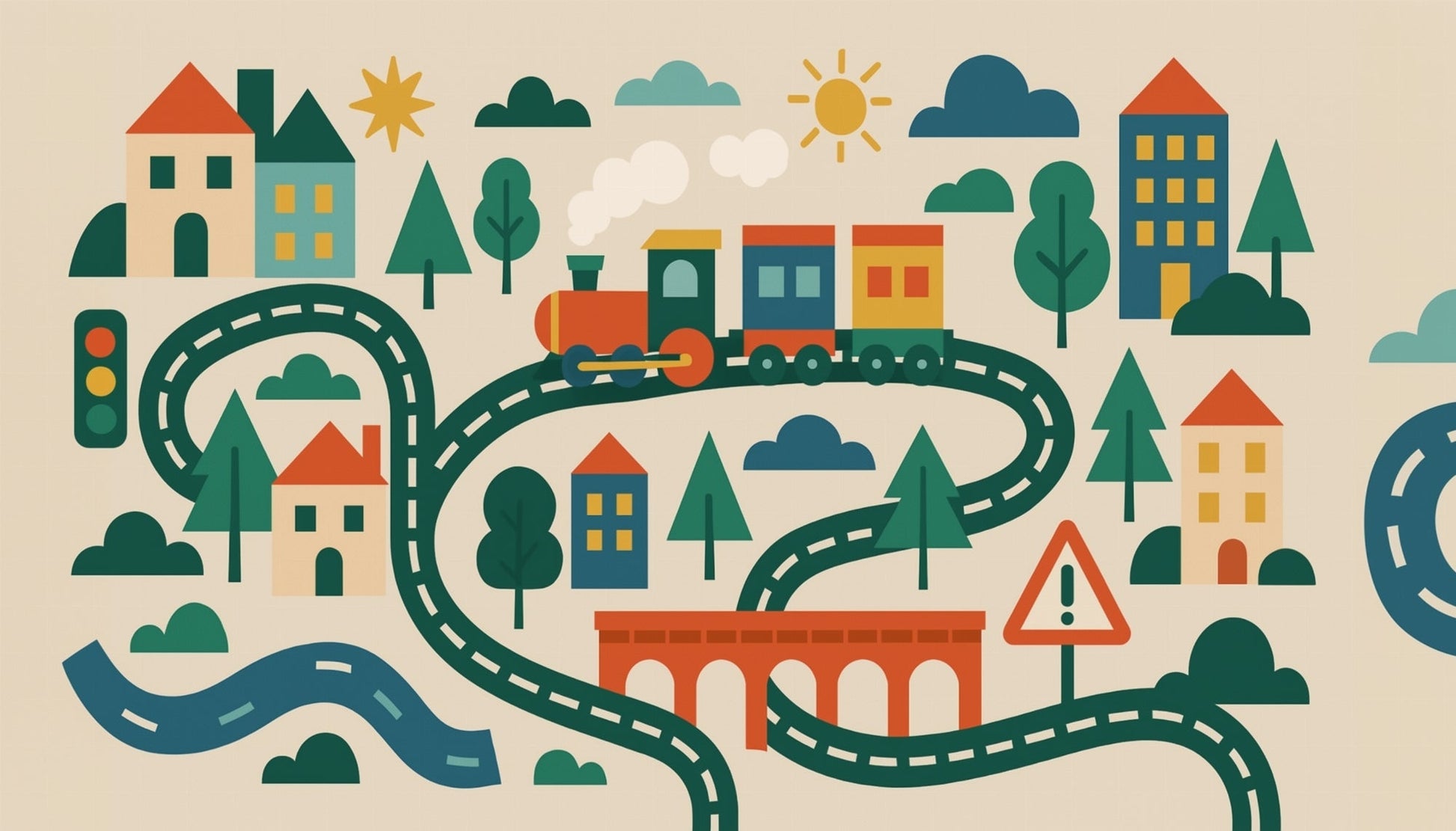 Kids-Mundo colourful storybook town and train wall mural artwork shown in full