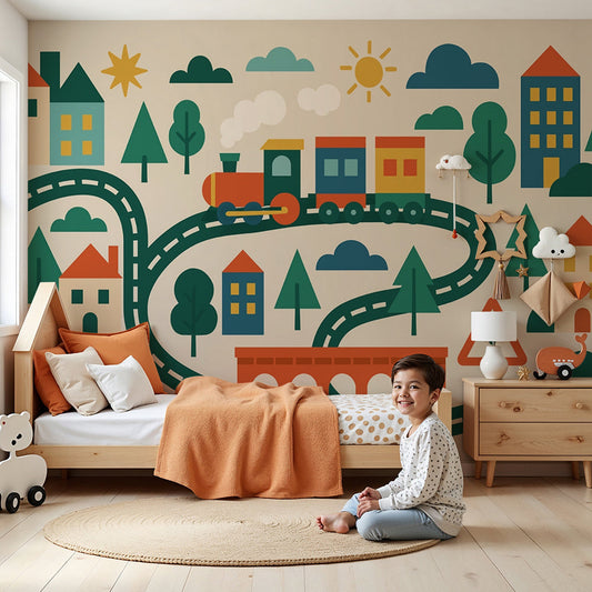 Kids-Mundo colourful town and train wall mural styled in a bright playful nursery