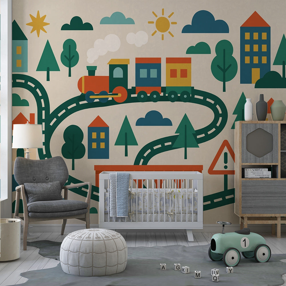 Kids-Mundo colourful train town mural bringing energy to a children's playroom