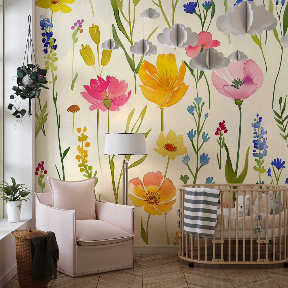 Kids-Mundo wildflower meadow mural covering a feature wall in a colourful kids bedroom