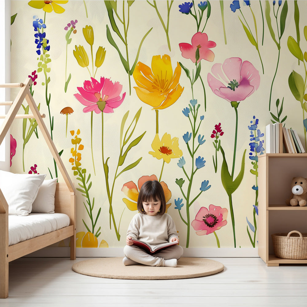 Kids-Mundo colourful wildflower meadow wall mural made to measure in a bright nursery